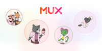 Mux logo on white and pink background with 4 circles. In each circle there are animated characters eating ice cream.